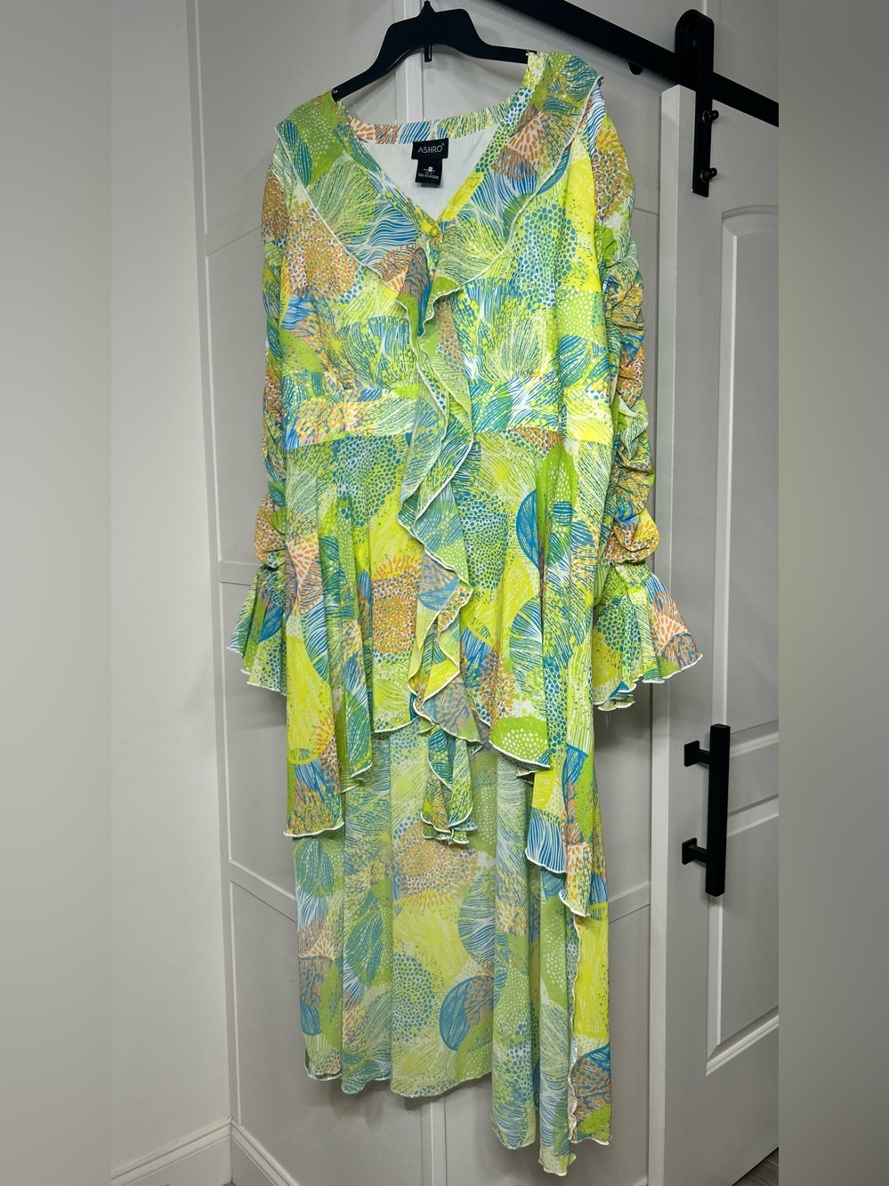 ASHRO Lena Hi-Low Maxi Dress Green & Blue Abstract Ruffle